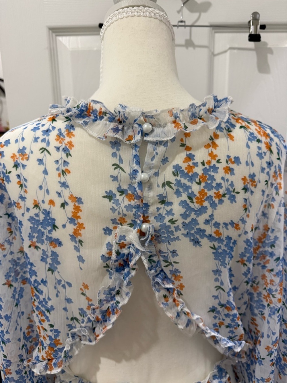 Floral Ruffle Mini Dress Cottagecore Sheer Long Sleeve Boho Size L - Picture 3 of 4